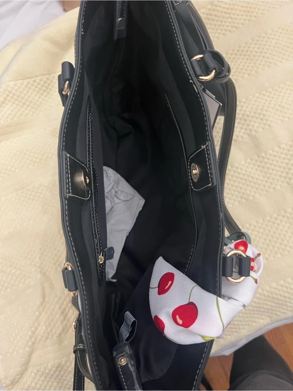 Nine West Black and White Canvas Tote with Cherry Scarf Accent